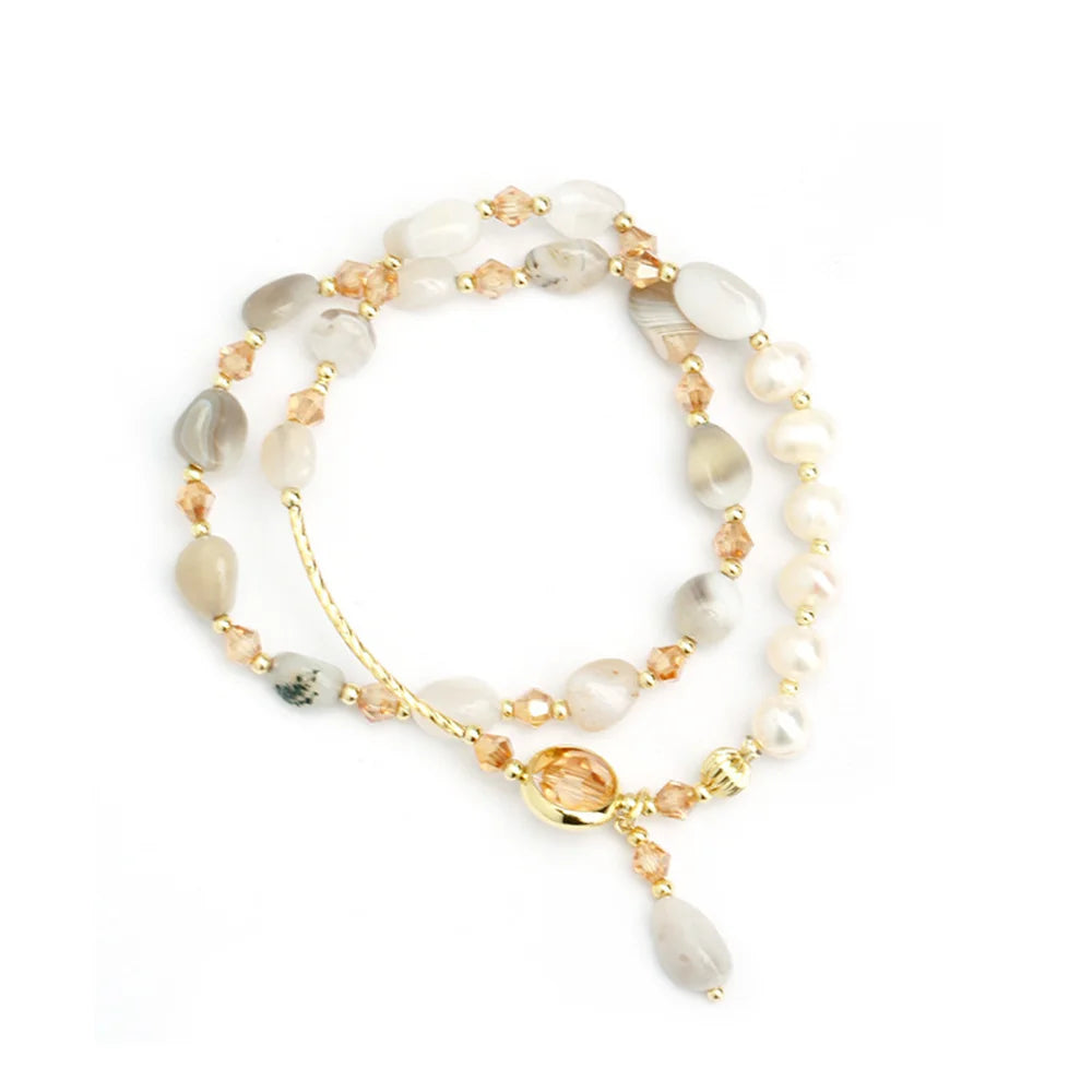 Elegant Pearl Crystal Jade Double Round Bracelet For Women Fashion Sweet Crystal Geometry Jewelry