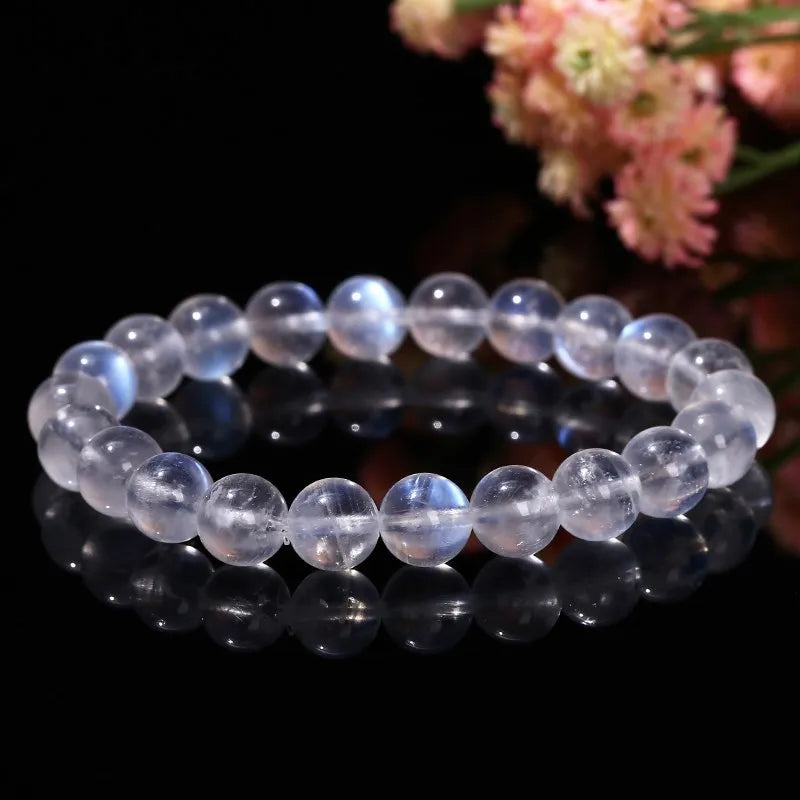 Natural Stone Blue Light Moonstone Strand Bracelets Women Round Energy Labradorite Elastic