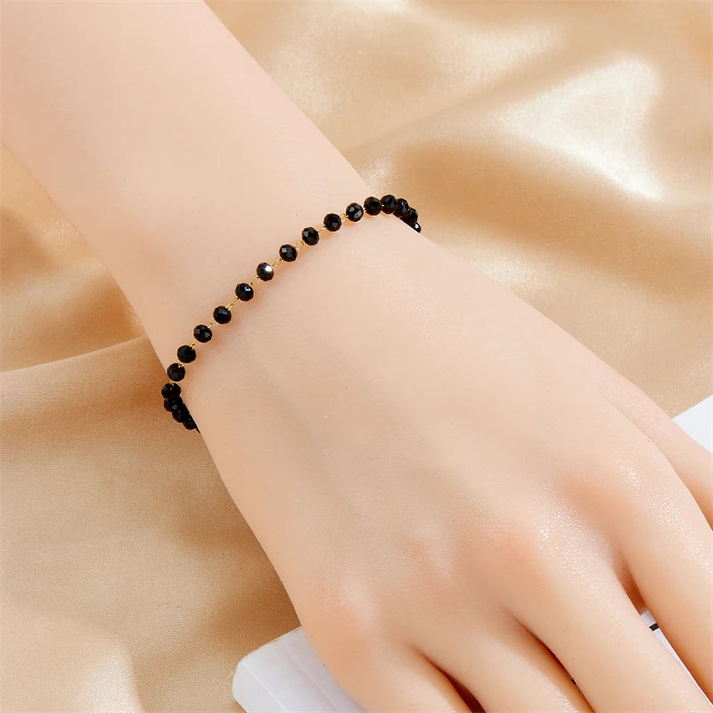 316L Stainless Concise Steel Black Glass Stone Necklace Bracelet Suit For Womens 2024 New TrendNon-fading jewelry Set