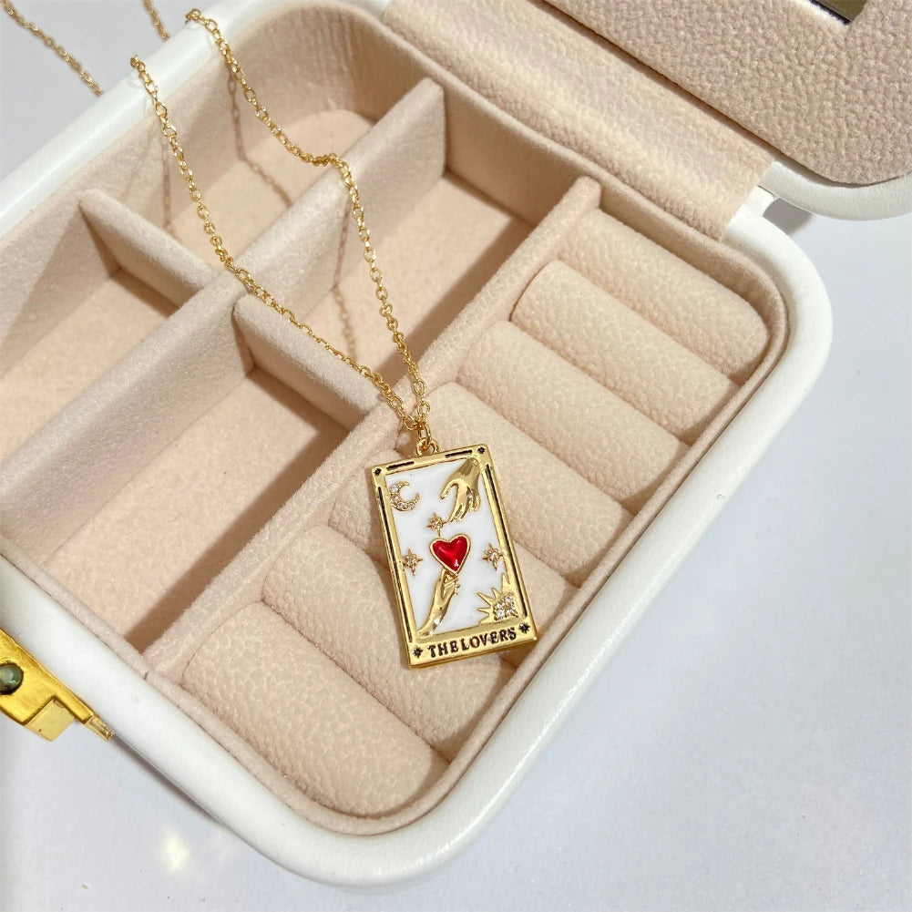 Fashion Stainless Steel Pendant Necklace Lovers Tarot Card Square Red Love Pendant Necklace Woman