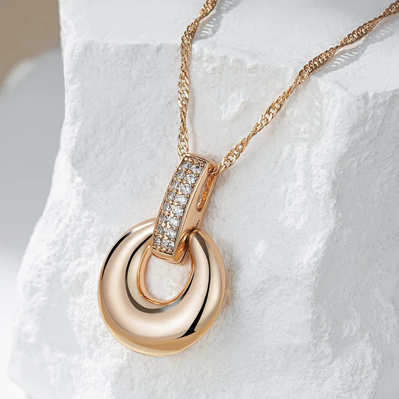 Fashion Glossy Geometry Round Pendant Necklace for Women Full Natural Zircon With  Rose Gold Color Daily Fine Jewelry