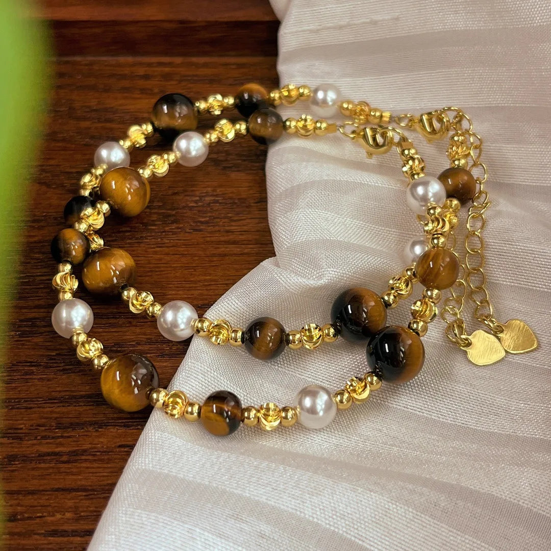 Natural Tiger Eye Stone Pearl Jewelry Set for Women Indian Style Necklaces and Bracelets Handmade Ethnic Accessories