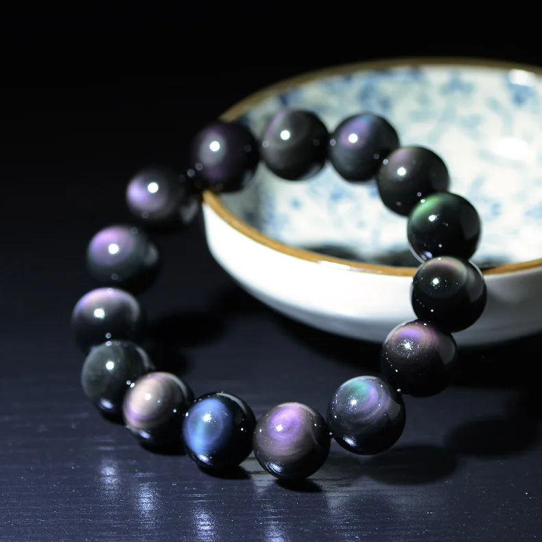 Fashion Natural Crystal Stone Rainbow Obsidian Ball Bracelet for Women Men Healing Jewelry Accessories Gift