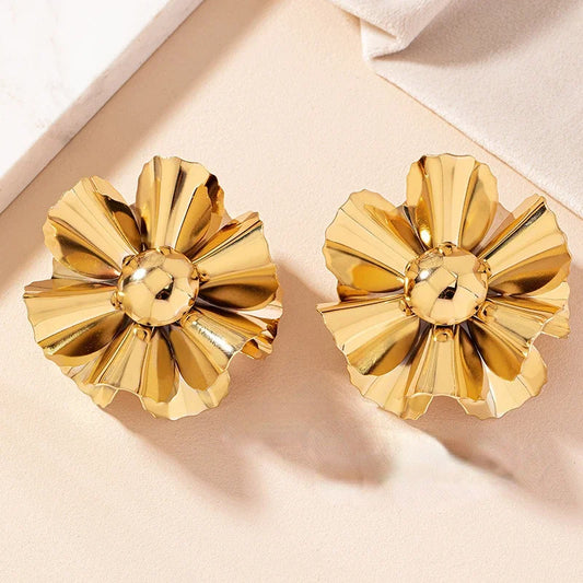 Geometric Flower Pleated Metal Stud Earrings For Women  Fashion Jewelry