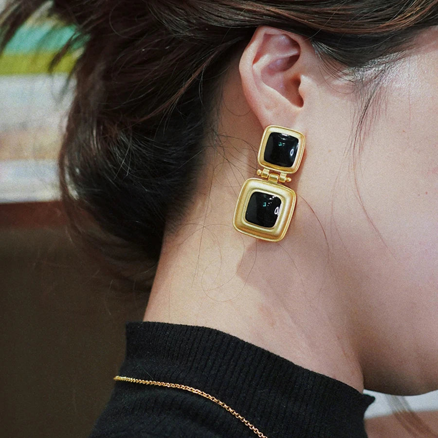 vintage black dripping oil square stud earrings ins personality geometry pendant classic eardrop