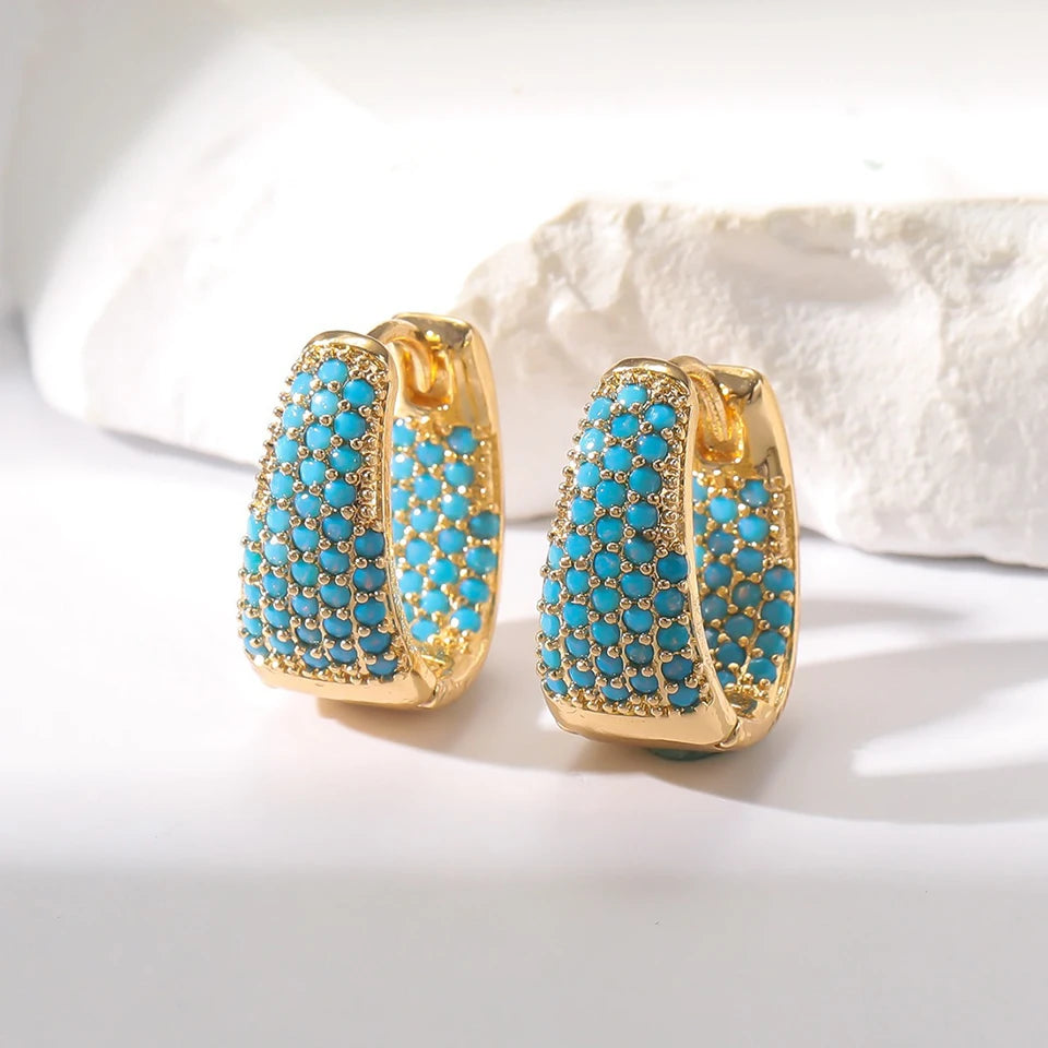 Creative Colored Cubic Zirconia U Shaped Flower Turquoise Design Hoop Earrings For Women Fashion Party Jewelry