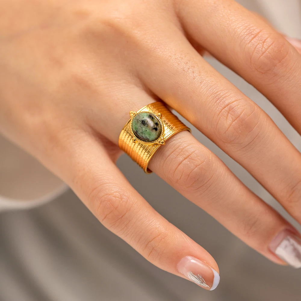 Stainless Steel Green Natural Tiger Eye Opening Ring Statement Golden 18 K Plated Ring   Gift New