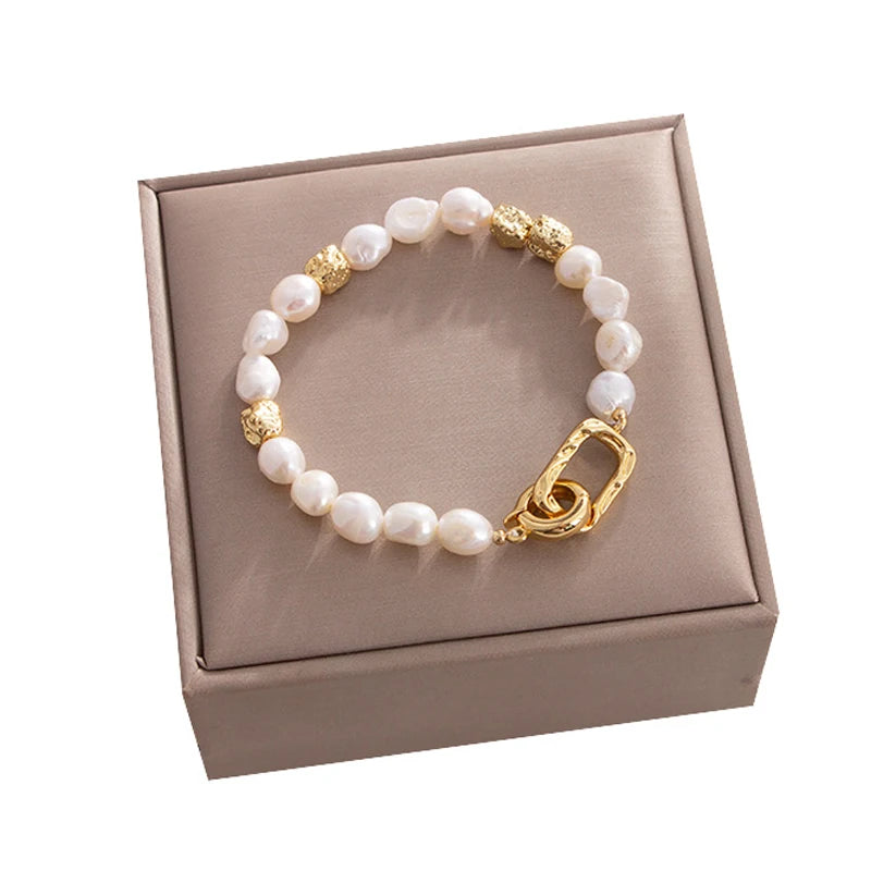 Natural Freshwater Pearl Irregular Baroque Bracelet Elegant Gold Color Charms Bangles for Women Luxury Personality Jewelry