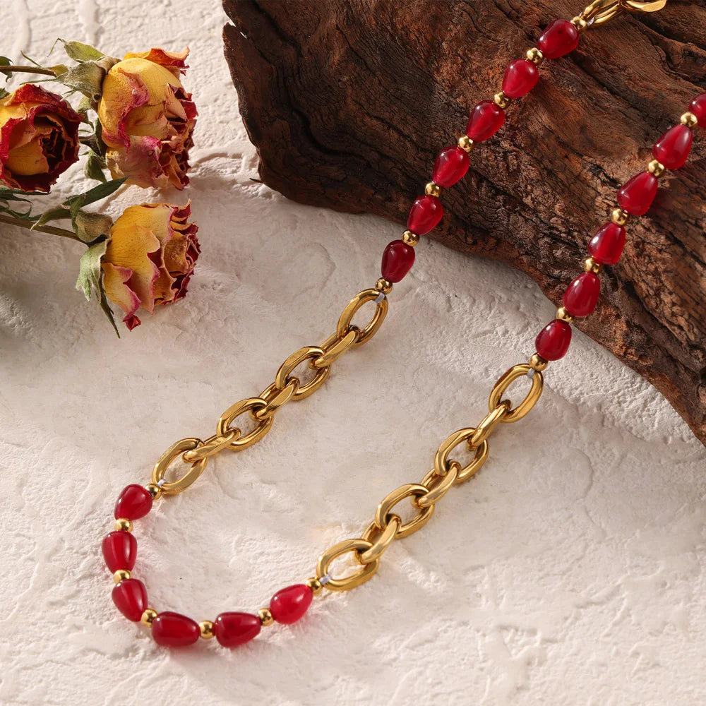 Enchanting Necklace Bracelet Set for Women Red Agate Stainless Steel Designer Fashion Charm Jewelry