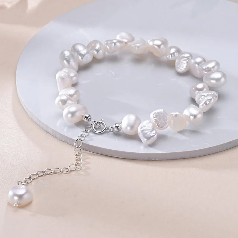 Natural Freshwater Pearls 6-7mm Irregular Interlaced Pearl Bracelet S925 Sterling Silver Chain Elegant Jewelry Gifts for Women