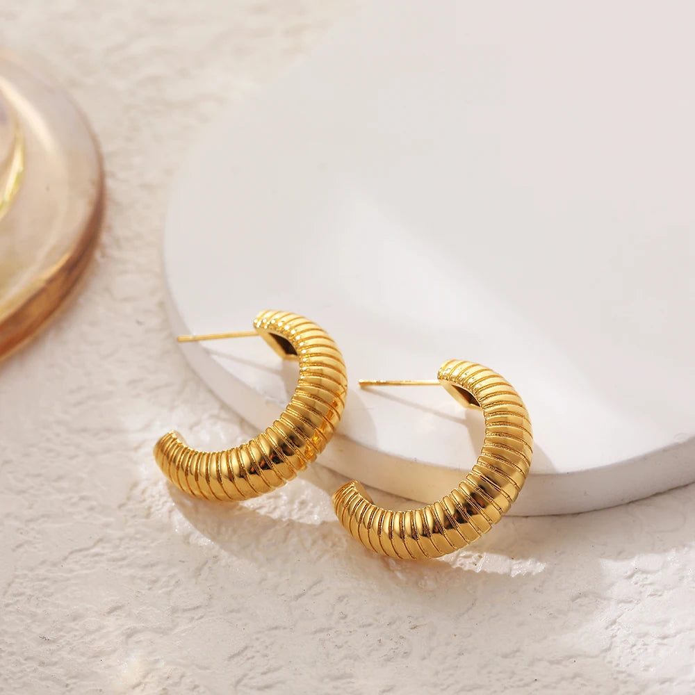 Fashion French Style Textured Round Circle Hoop Earrings for Women Brass Gold Plated Ear Buckle  Jewelry