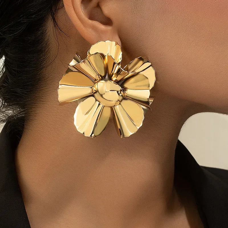 Geometric Flower Pleated Metal Stud Earrings For Women  Fashion Jewelry