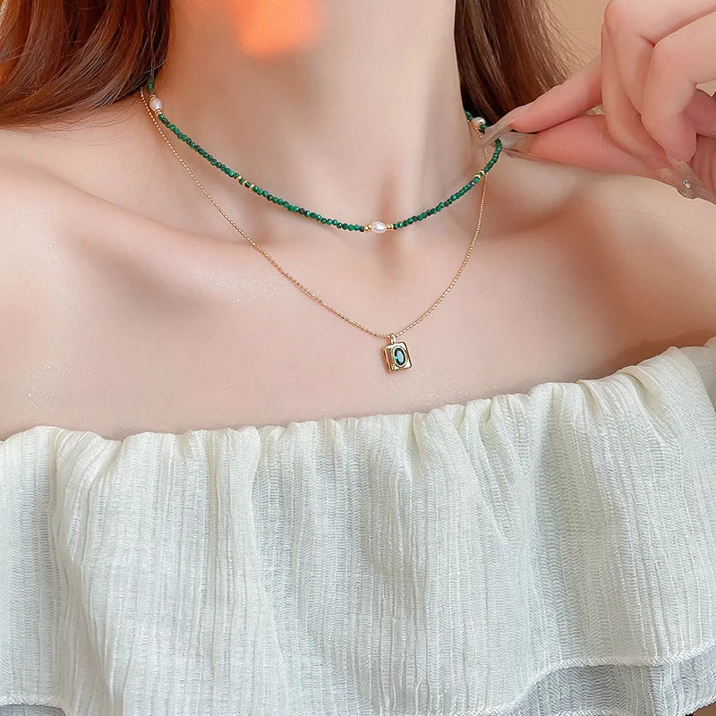 Dainty Green Malachite Natural Stone Freshwater Pearl Coin Pendant Necklaces Women Double Layers Copper Snake Chain Choker