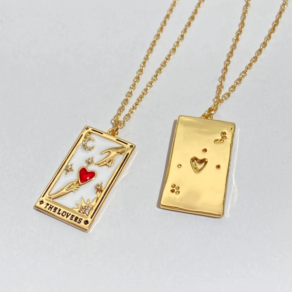 Fashion Stainless Steel Pendant Necklace Lovers Tarot Card Square Red Love Pendant Necklace Woman