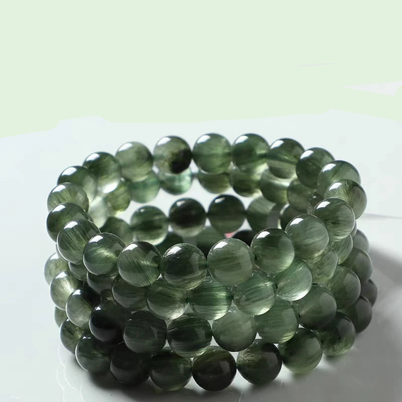 Natural Green Rutilated Quartz Beaded Bracelet – Gemstone Jewelry for Men and Women