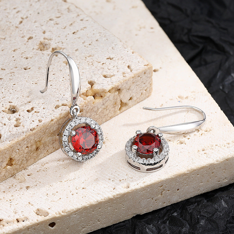 Pomegranate Red Earrings Round Red Earrings S925 Silver Ear Pendant