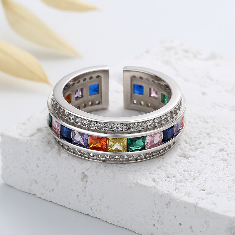 S925 Sterling Silver Light Luxury Set Rainbow Ring Female Colorful Full Diamond