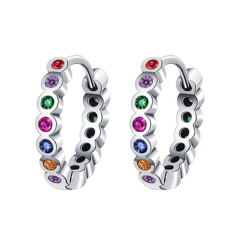 Sterling Silver S925 Small Circle Colored Zircon Earrings Geometric Design