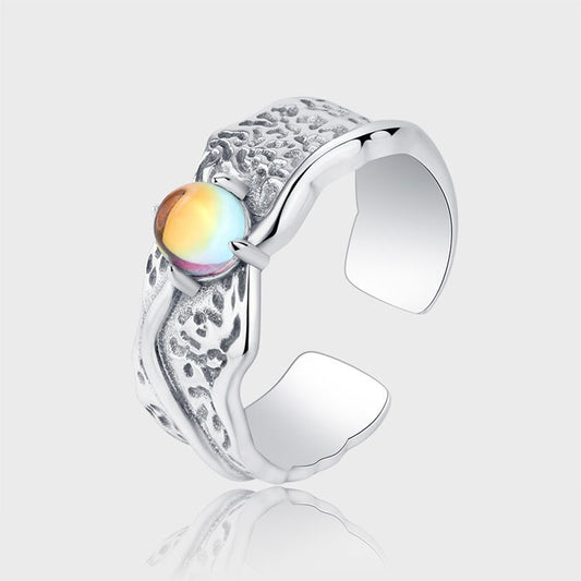 S925 Sterling Silver Minority Irregular Texture Cool Wind Moonlight Stone Claw Set Ring Girl