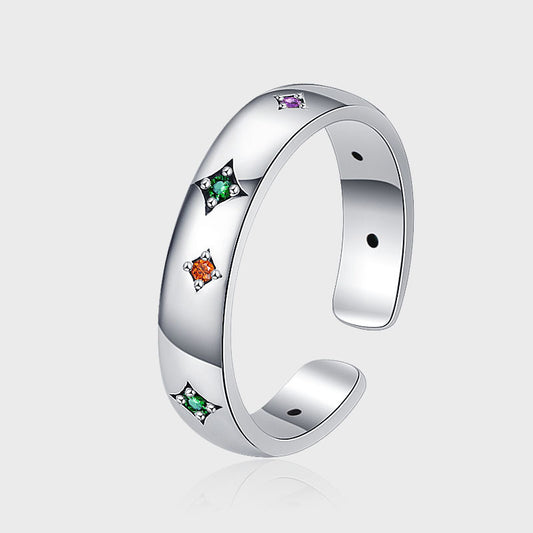 French Light Luxury Wind Full Body S925 Sterling Silver Star Retro Inlaid Color Star Ring Index Finger