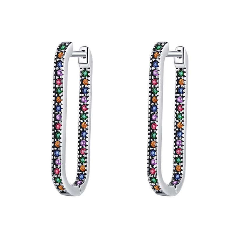 Diamond Inlaid Rectangular S925 Sterling Silver Vintage Wear Geometric Earrings