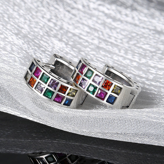 S925 Sterling Silver Fashion Colorful Rainbow Zircon Square Earrings