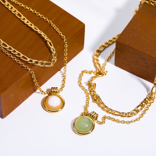 Minimalist Natural Stone & Gemstone Double-layer Necklace with Green Aventurine and Figaro Titanium Steel Chain