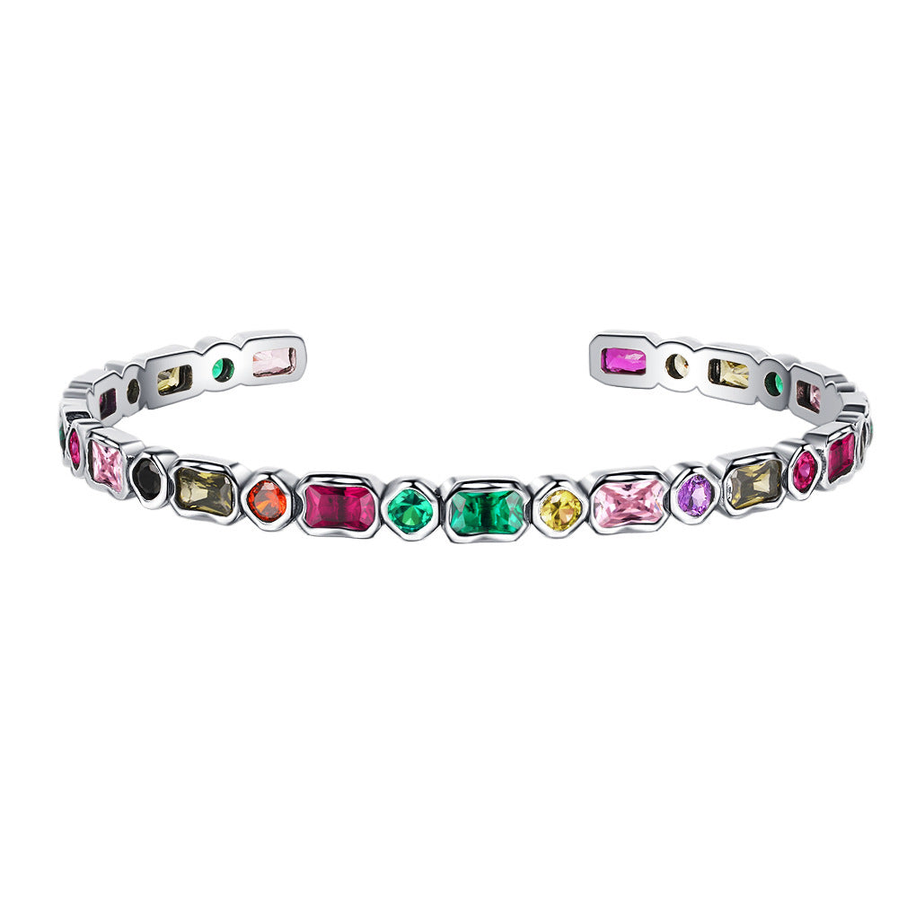 925French Vintage Vintage Style Geometric Diamond Inlaid Rainbow Zircon Sterling Silver Heavy Industry Irregular Bracelet