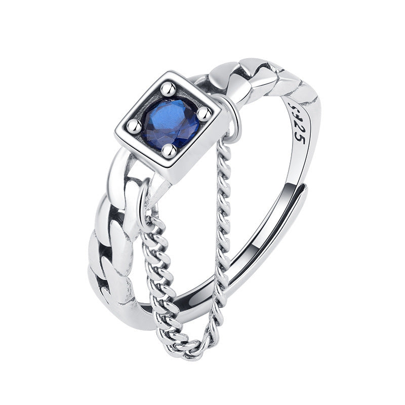 S925 Sterling Silver Vintage Fashion Simple Personality Design Chain Square Inlaid Zircon Ring