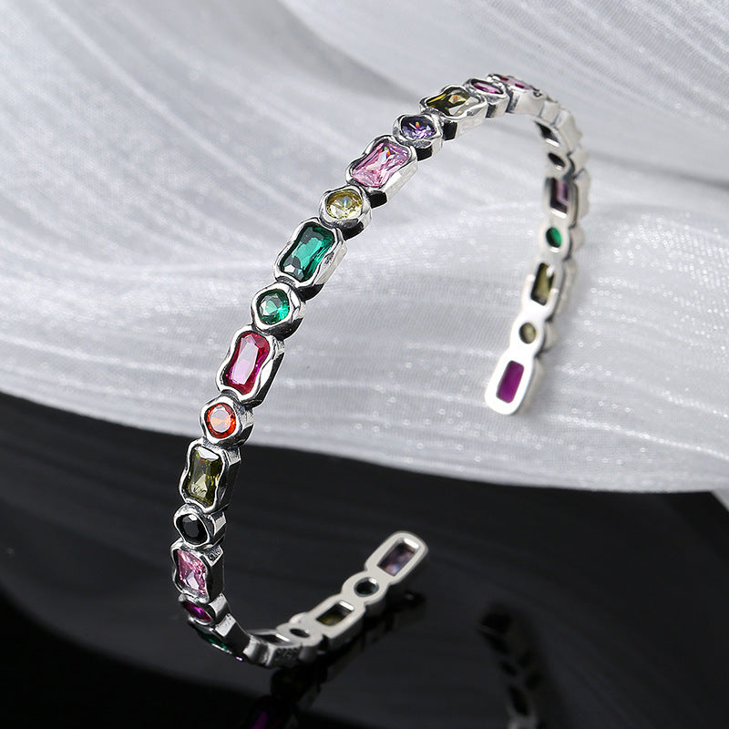 925French Vintage Vintage Style Geometric Diamond Inlaid Rainbow Zircon Sterling Silver Heavy Industry Irregular Bracelet