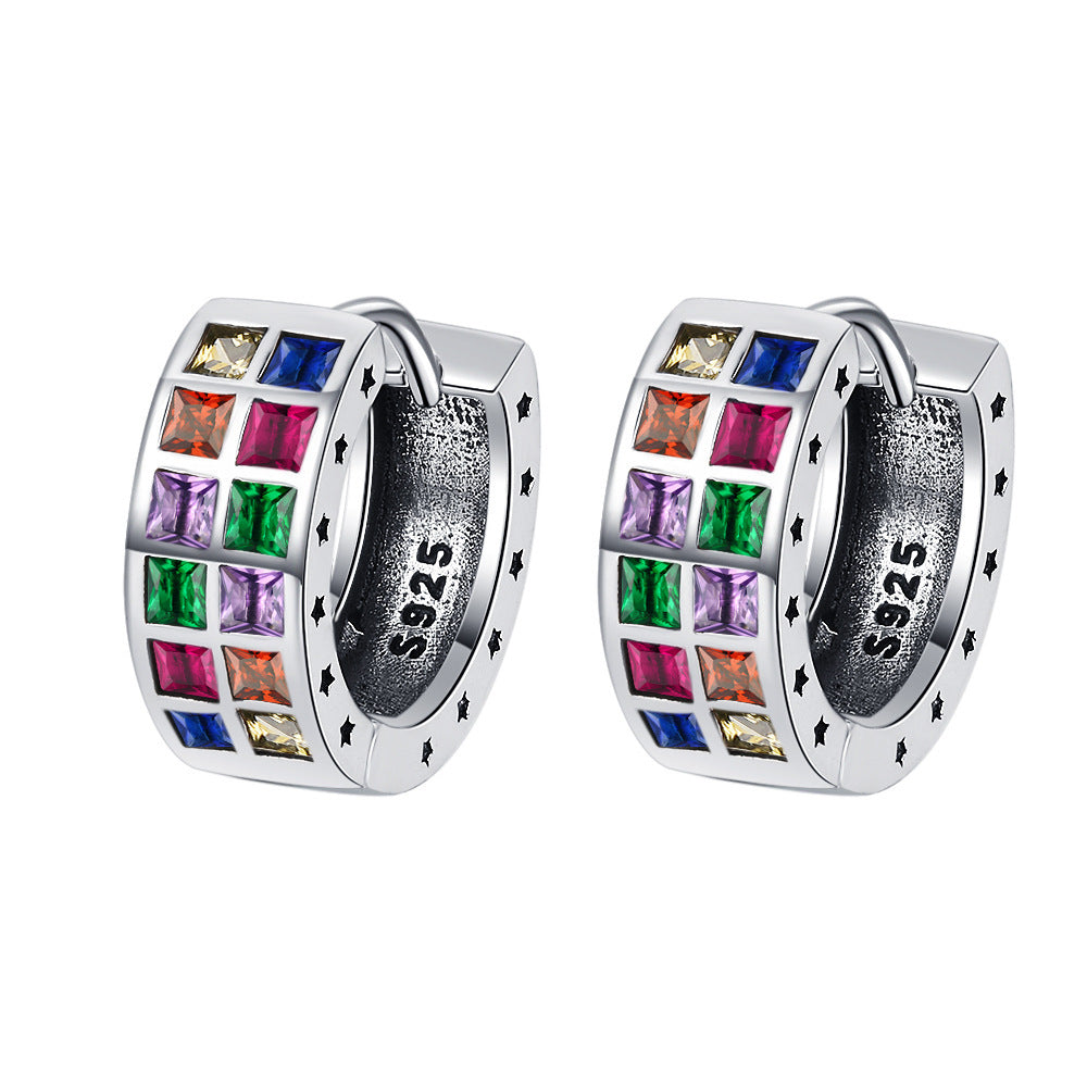 S925 Sterling Silver Fashion Colorful Rainbow Zircon Square Earrings