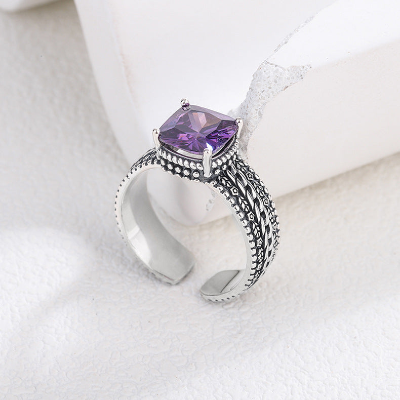 S925 Sterling Silver Square Crystal Purple Simple Fried Dough Twist Temperament Heavy Industry Vintage Ring