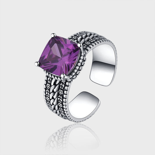 S925 Sterling Silver Square Crystal Purple Simple Fried Dough Twist Temperament Heavy Industry Vintage Ring