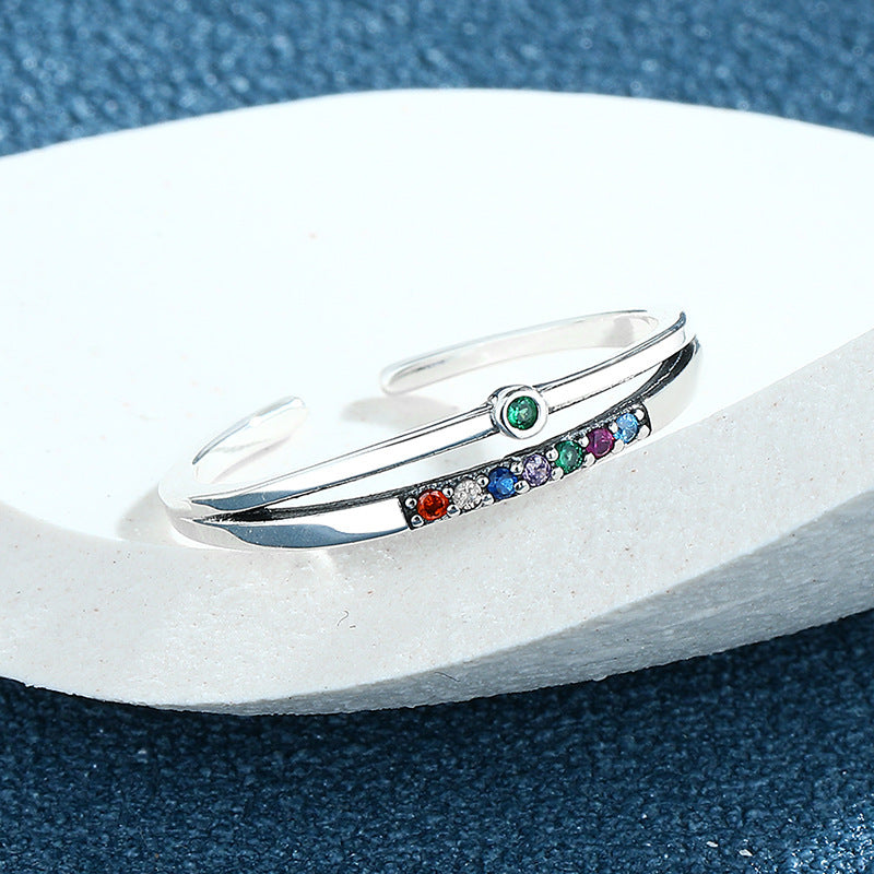 S925 Sterling Silver Retro Set Rainbow Zircon Double Layer Ring