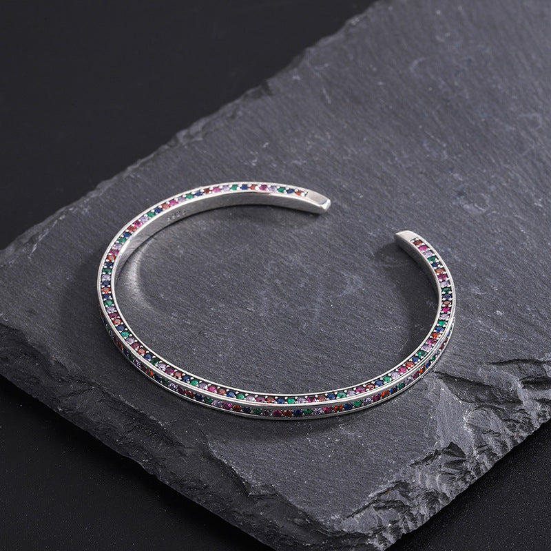 925 Sterling Silver Three Side Rainbow Zircon Bracelet Women Ins Small Minority Design Luxury High Sense Delicate Cool Wind