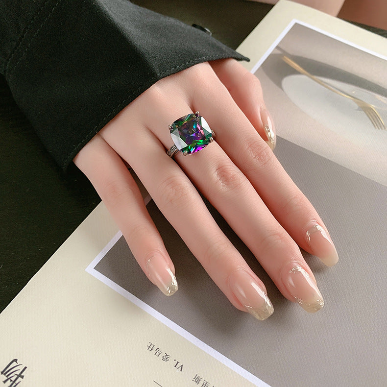 Vintage Fashion Heavy Industry Pattern S925 Silver Micro Set Geometric Zircon Ring Female