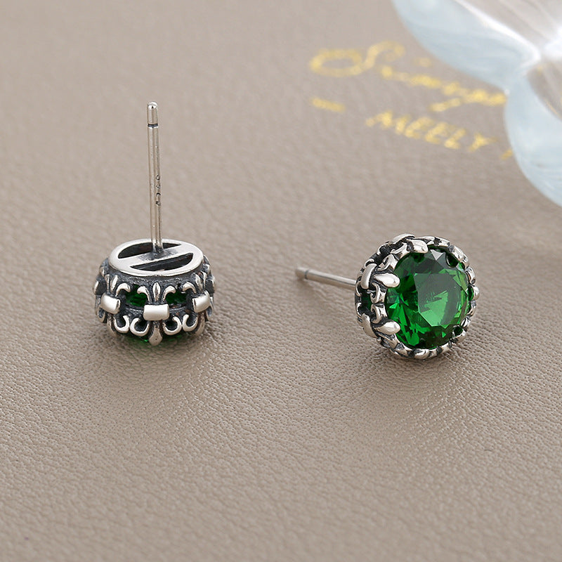 S925 Sterling Silver Emerald Zircon Retro Small Cross Earrings