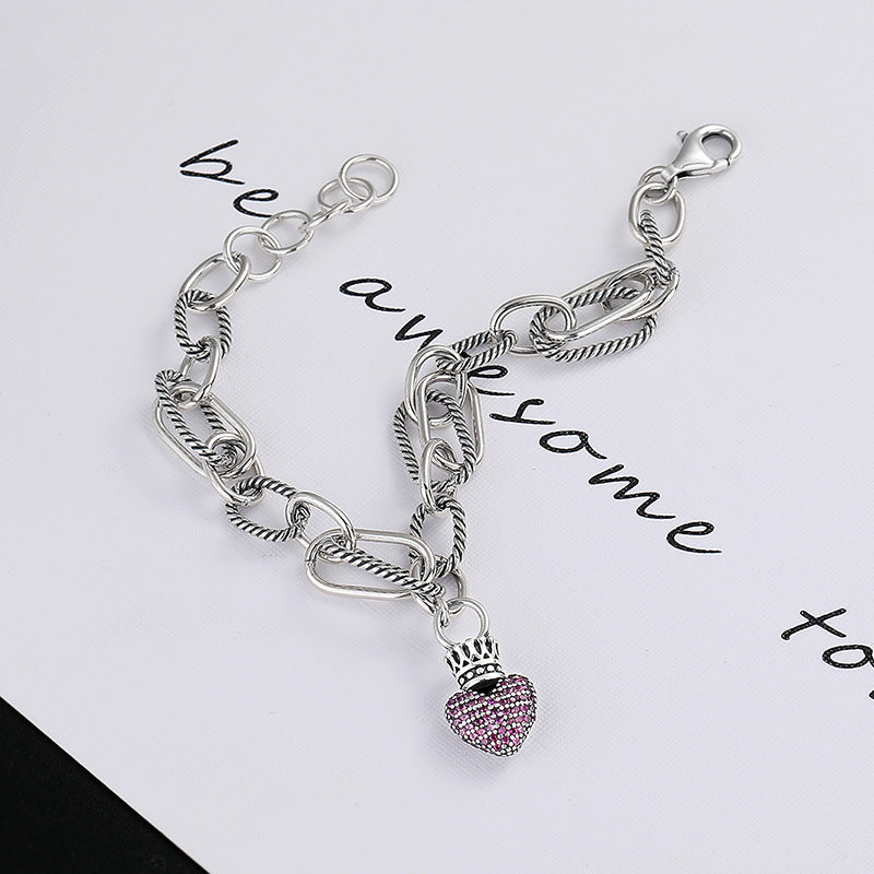 S925 Sterling Silver Bracelet Women's Splicing Multi-element Ins Vintage Crown Love Tag