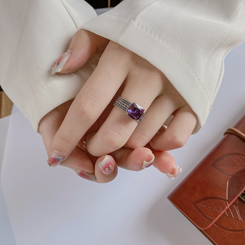 S925 Sterling Silver Square Crystal Purple Simple Fried Dough Twist Temperament Heavy Industry Vintage Ring