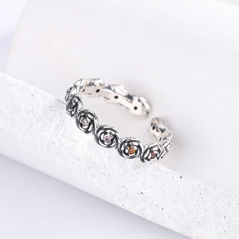 S925 Silver 3D Flower Ring Women's Retro Fashion