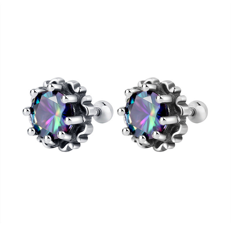 S925 Pure Vintage Inlaid Purple Zircon Crown Silver Screw Earrings Female