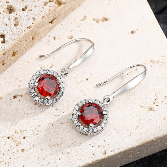 Pomegranate Red Earrings Round Red Earrings S925 Silver Ear Pendant