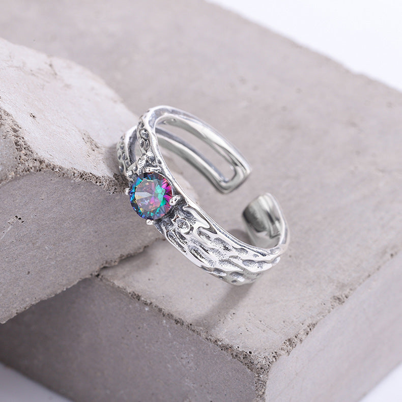 925 Sterling Silver Colorful Zircon Hollow Out Irregular Texture Ring