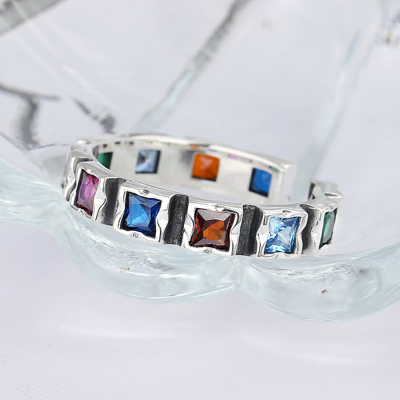 S925 Sterling Silver Square Colorful Zircon Ring Female Hip Hop Retro