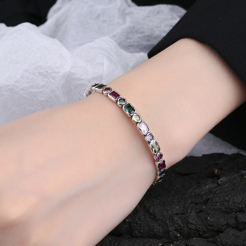 925French Vintage Vintage Style Geometric Diamond Inlaid Rainbow Zircon Sterling Silver Heavy Industry Irregular Bracelet