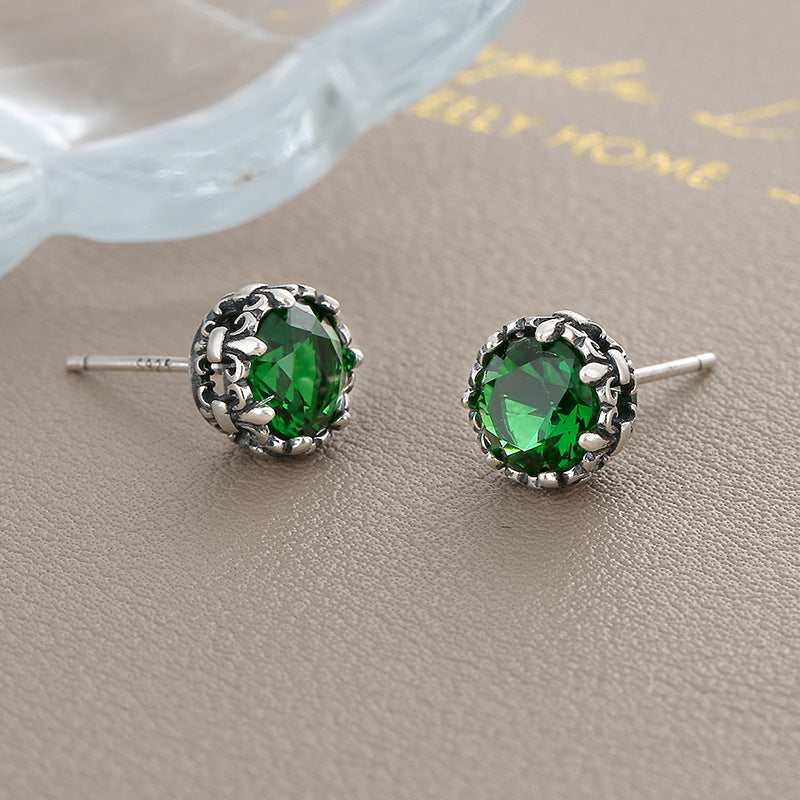 S925 Sterling Silver Emerald Zircon Retro Small Cross Earrings