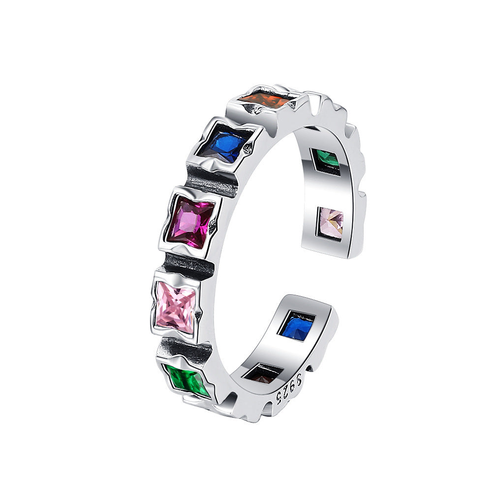 S925 Sterling Silver Square Colorful Zircon Ring Female Hip Hop Retro