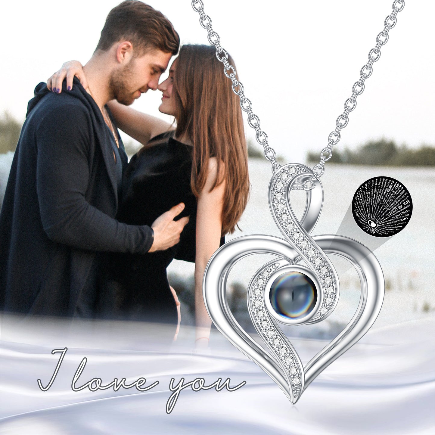 I Love You 100 Languages Heart Infinity Projection Necklace